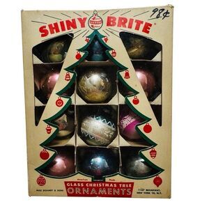Shiny Brite Vintage Box Of 12 Glass Christmas Tree Ornaments Holiday Decoration